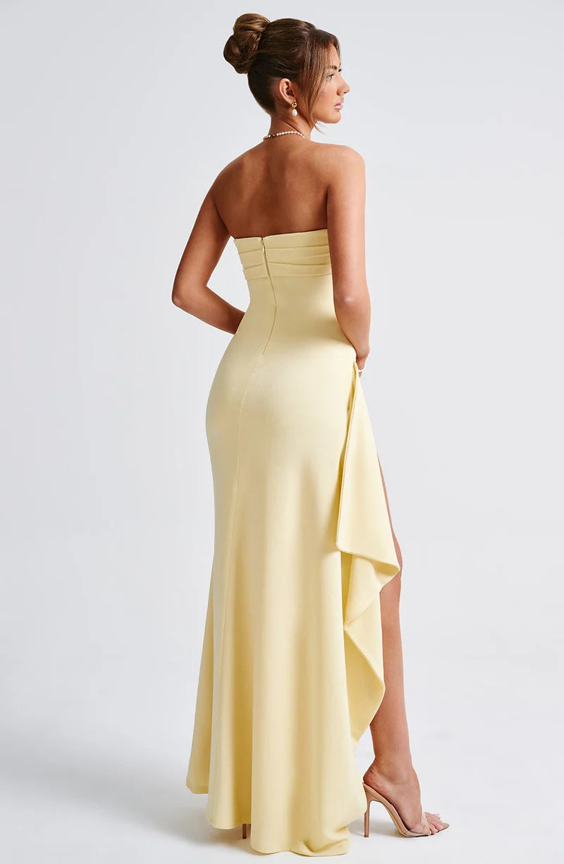Fitted Strapless Crepe Maxi Ruffle High Slit Gown Evening Dress