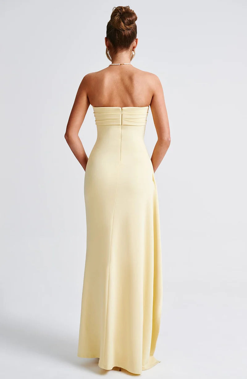 Fitted Strapless Crepe Maxi Ruffle High Slit Gown Evening Dress
