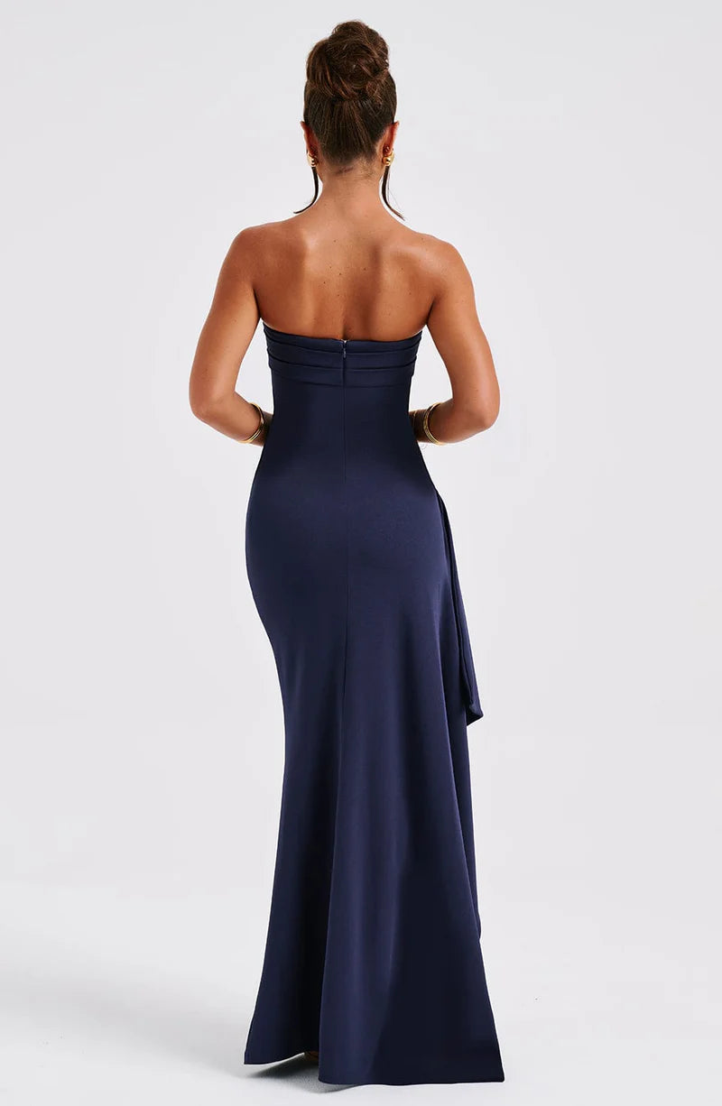 Fitted Strapless Crepe Maxi Ruffle High Slit Gown Evening Dress