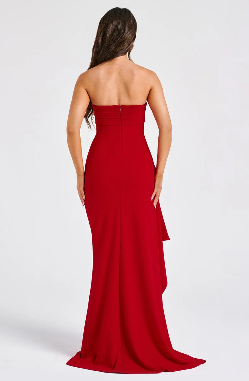 Fitted Strapless Crepe Maxi Ruffle High Slit Gown Evening Dress