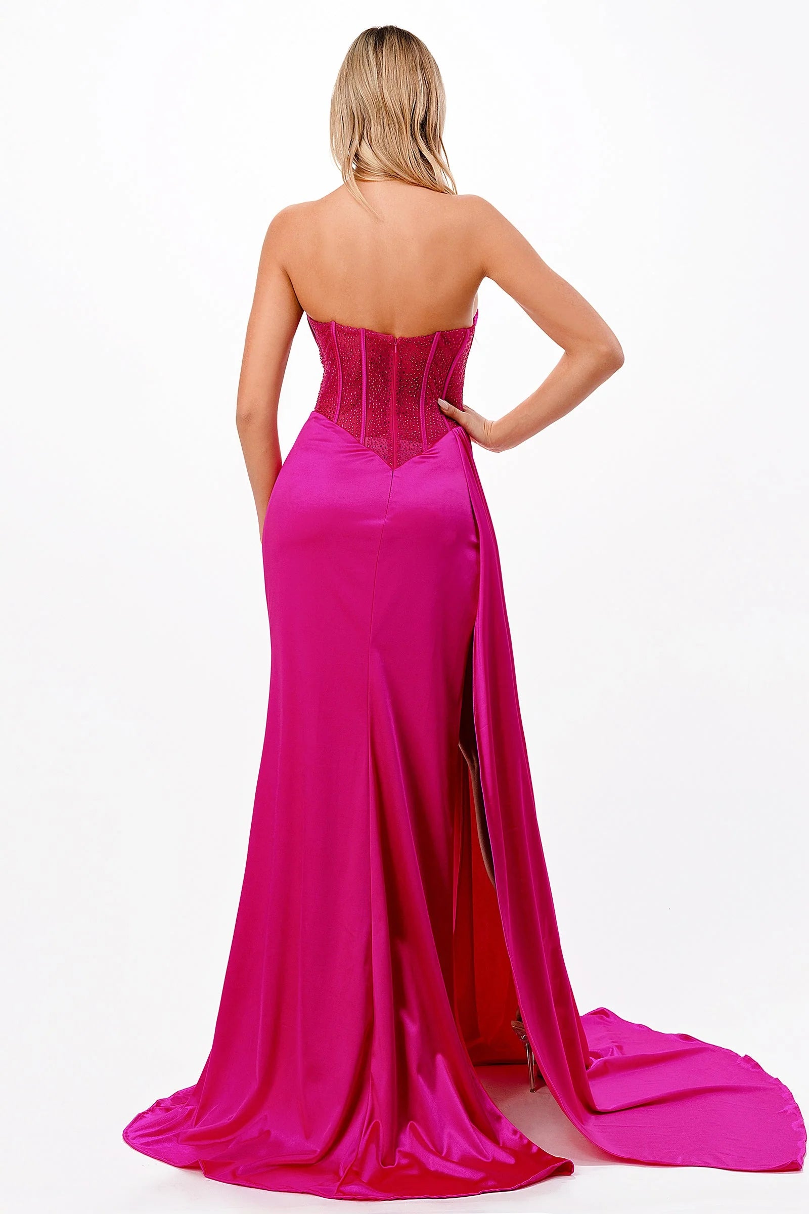 Sleek Sheath Strapless Sleeveless Satin Ruched Corset Back High-Slit Prom Dress