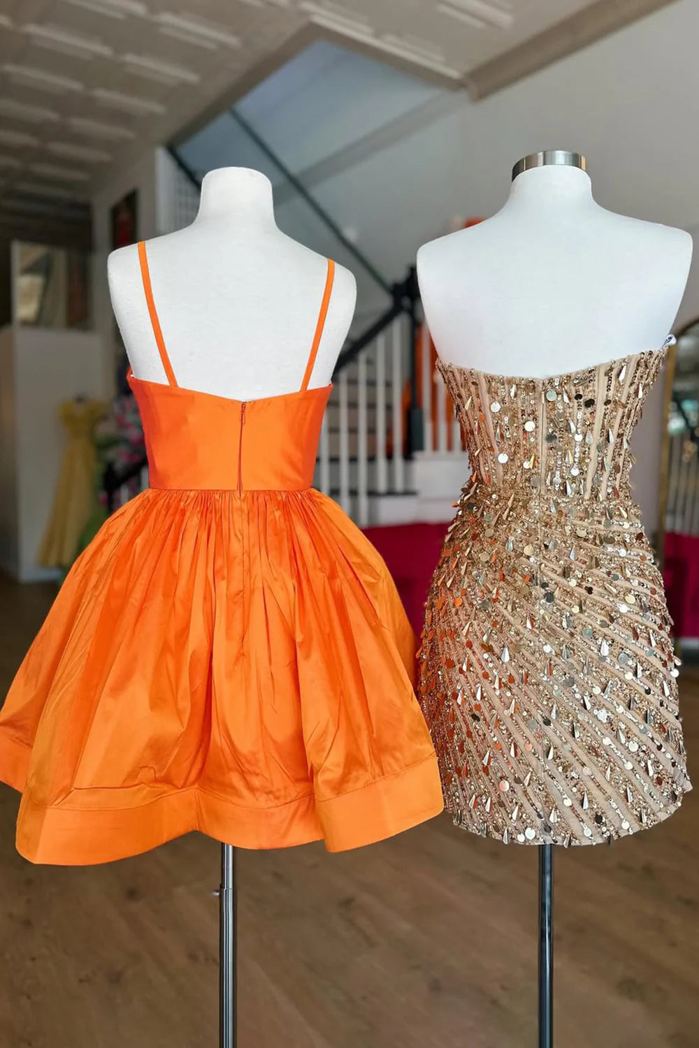 Flared A-Line Sweetheart Spaghetti-Strap Satin Short Cutout Rhinestone Homecoming Dress