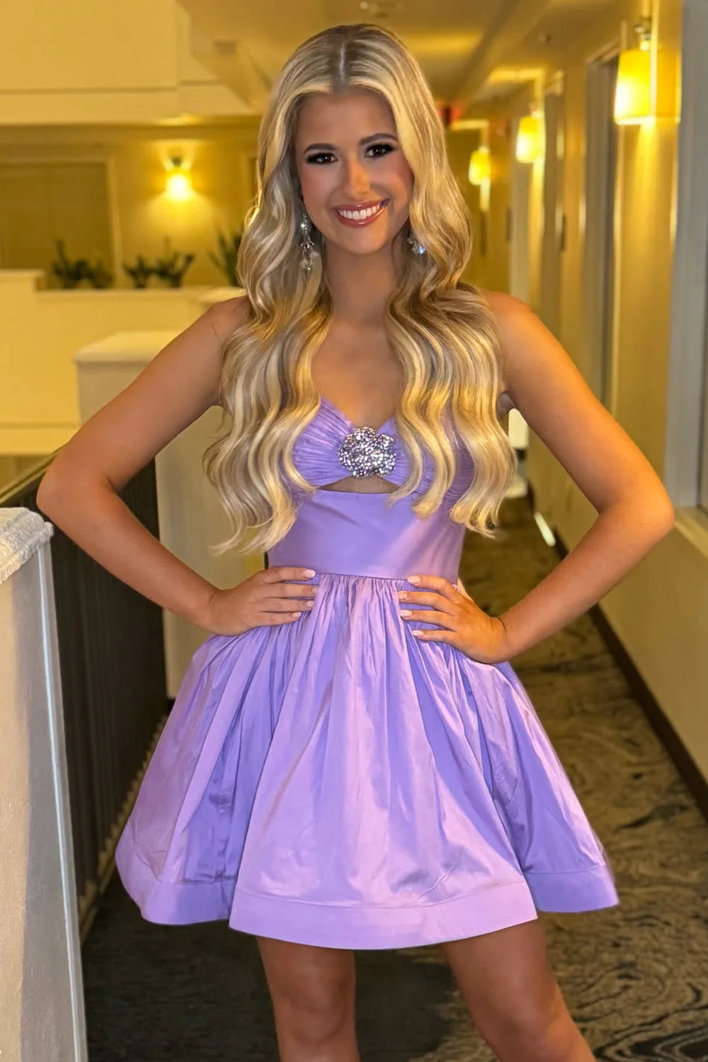 Flared A-Line Sweetheart Spaghetti-Strap Satin Short Cutout Rhinestone Homecoming Dress