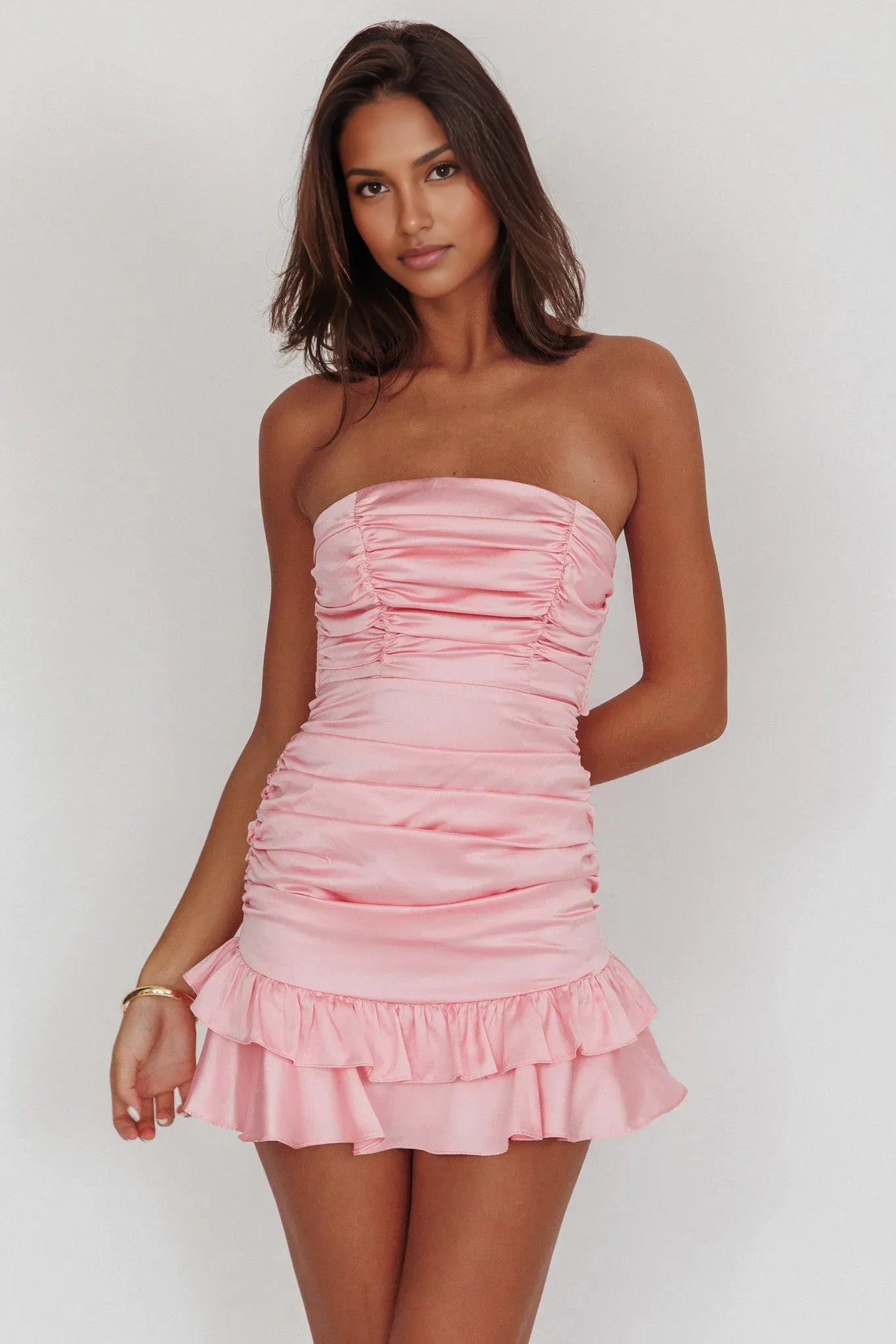Flirty Bodycon Strapless Sleeveless Satin Mini Ruched Ruffled Tie-Back Cocktail Dress