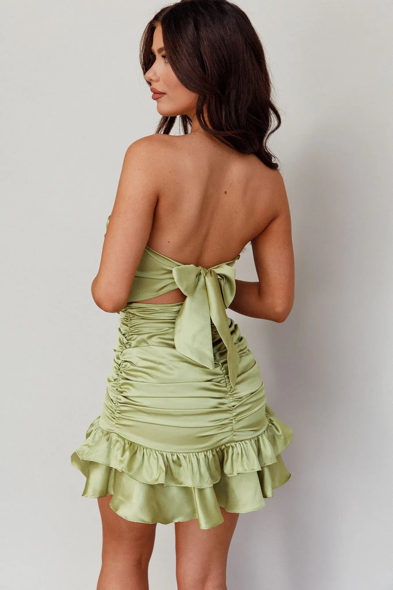 Flirty Bodycon Strapless Sleeveless Satin Mini Ruched Ruffled Tie-Back Cocktail Dress