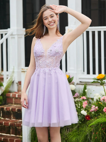 Floral Applique A-line Deep V-neck Sleeveless Glitter Tulle Knee-length Open Back Homecoming Dress