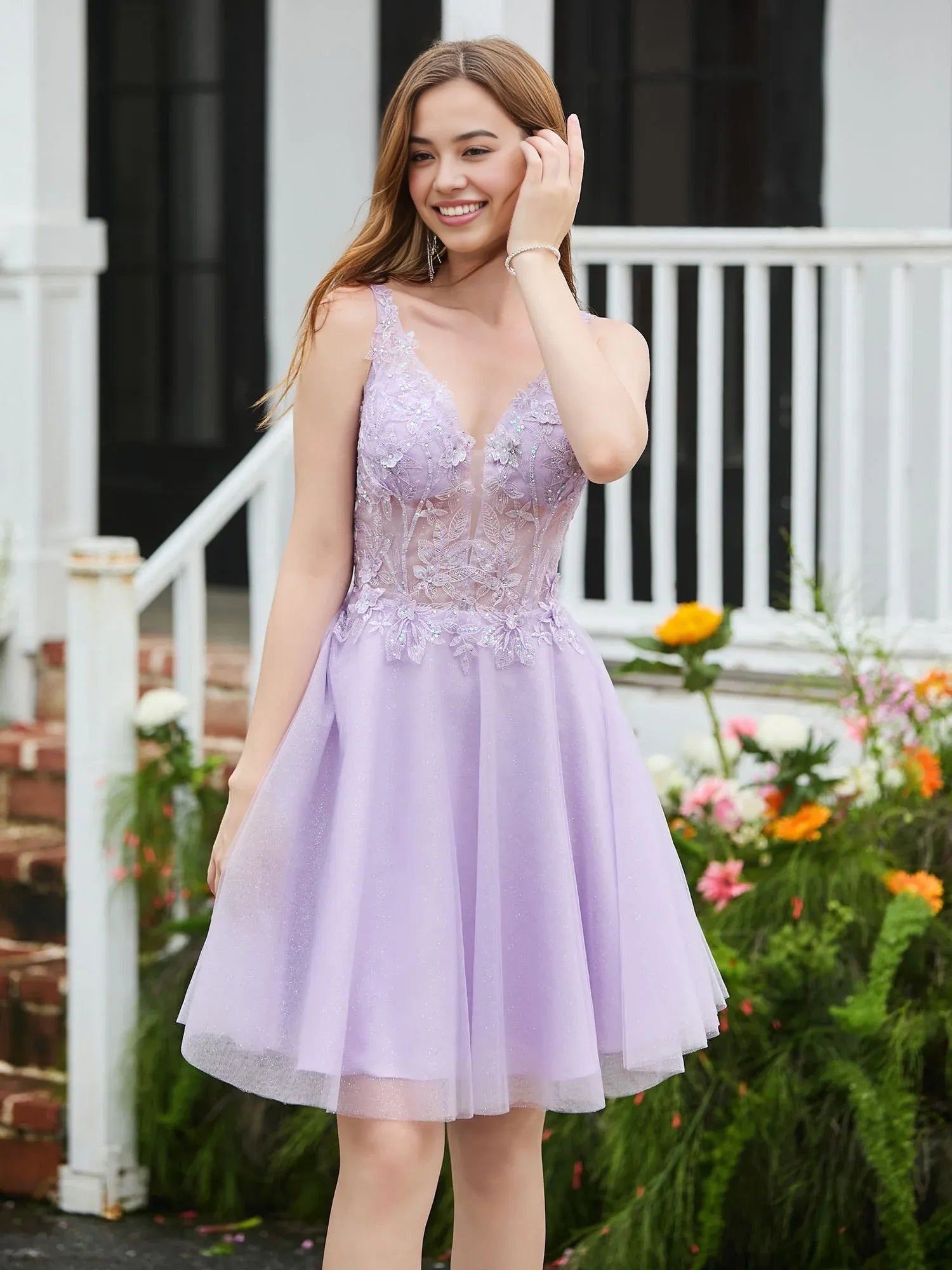 Floral Applique A-line Deep V-neck Sleeveless Glitter Tulle Knee-length Open Back Homecoming Dress