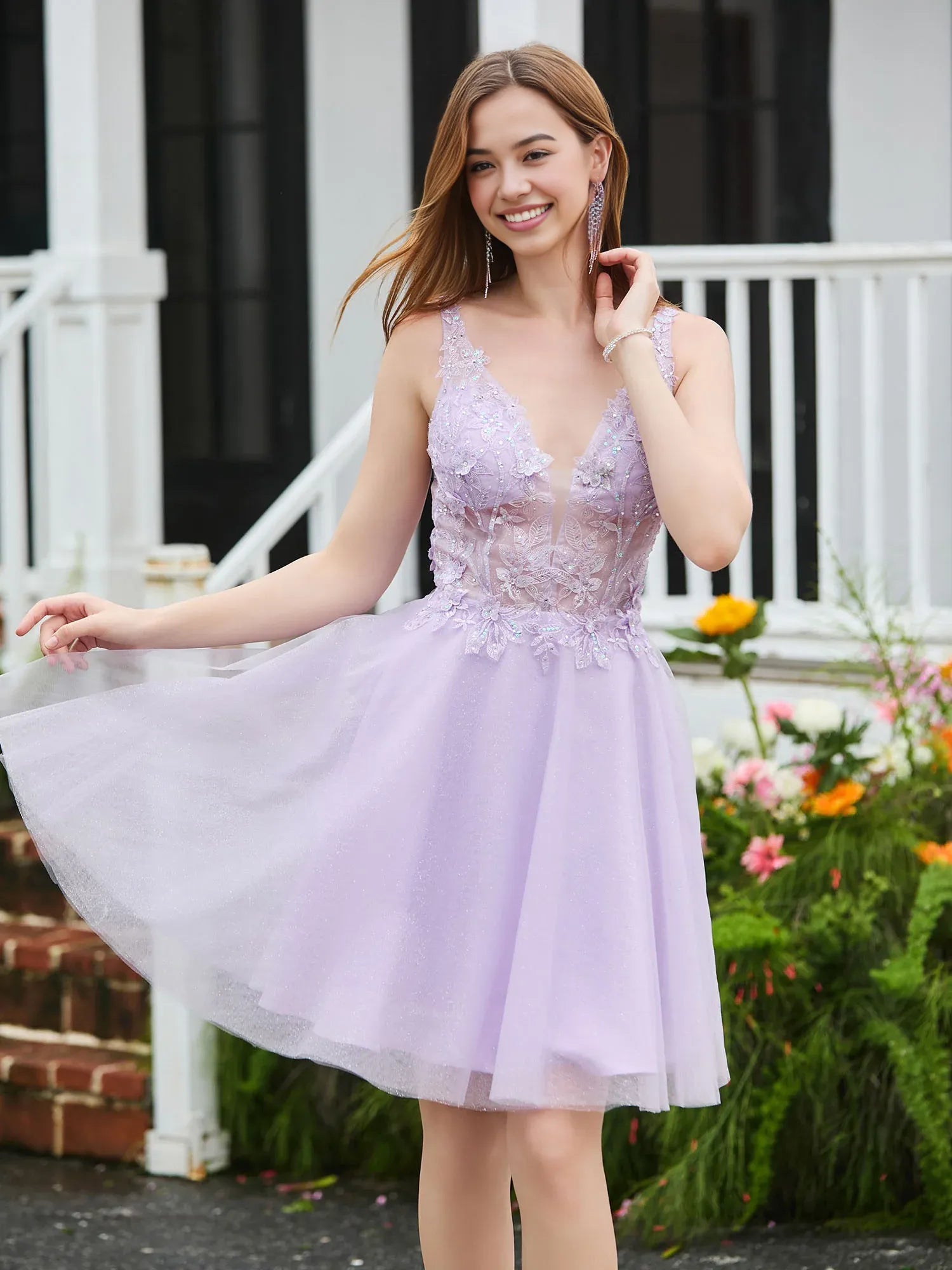 Floral Applique A-line Deep V-neck Sleeveless Glitter Tulle Knee-length Open Back Homecoming Dress