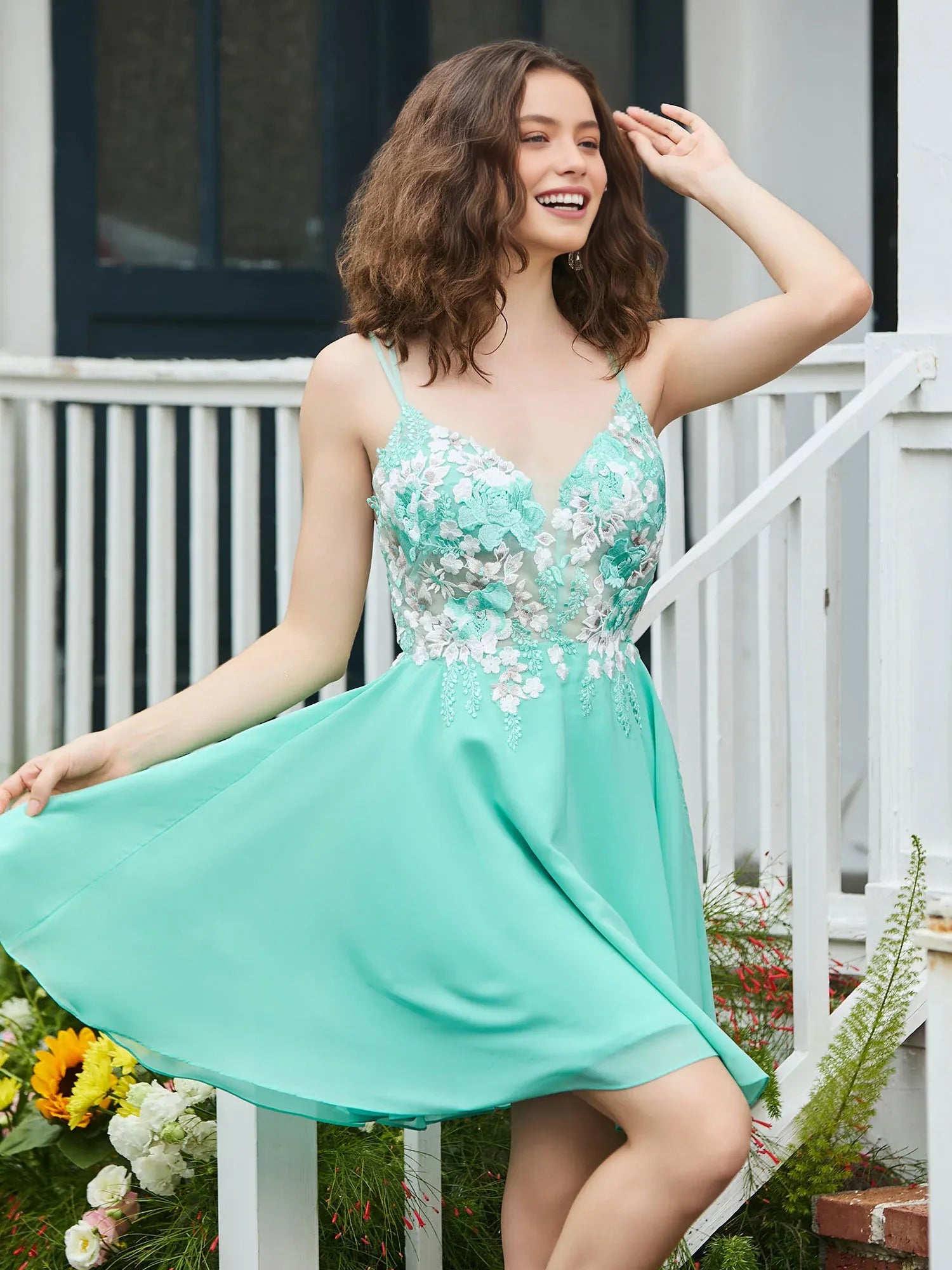Floral Applique A-line V-neck Sleeveless Chiffon Mini Crisscross Open Back Homecoming Dress