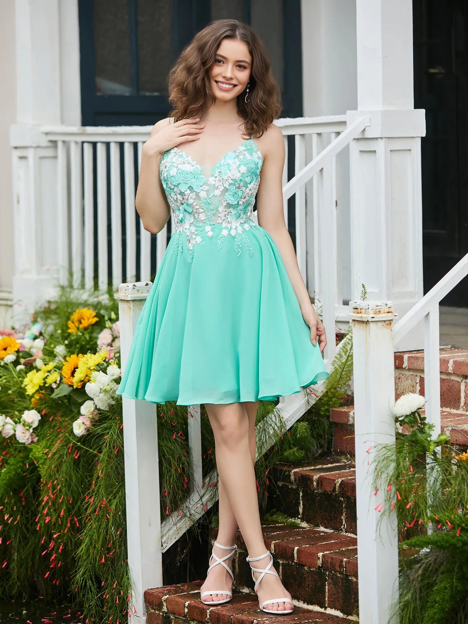 Floral Applique A-line V-neck Sleeveless Chiffon Mini Crisscross Open Back Homecoming Dress
