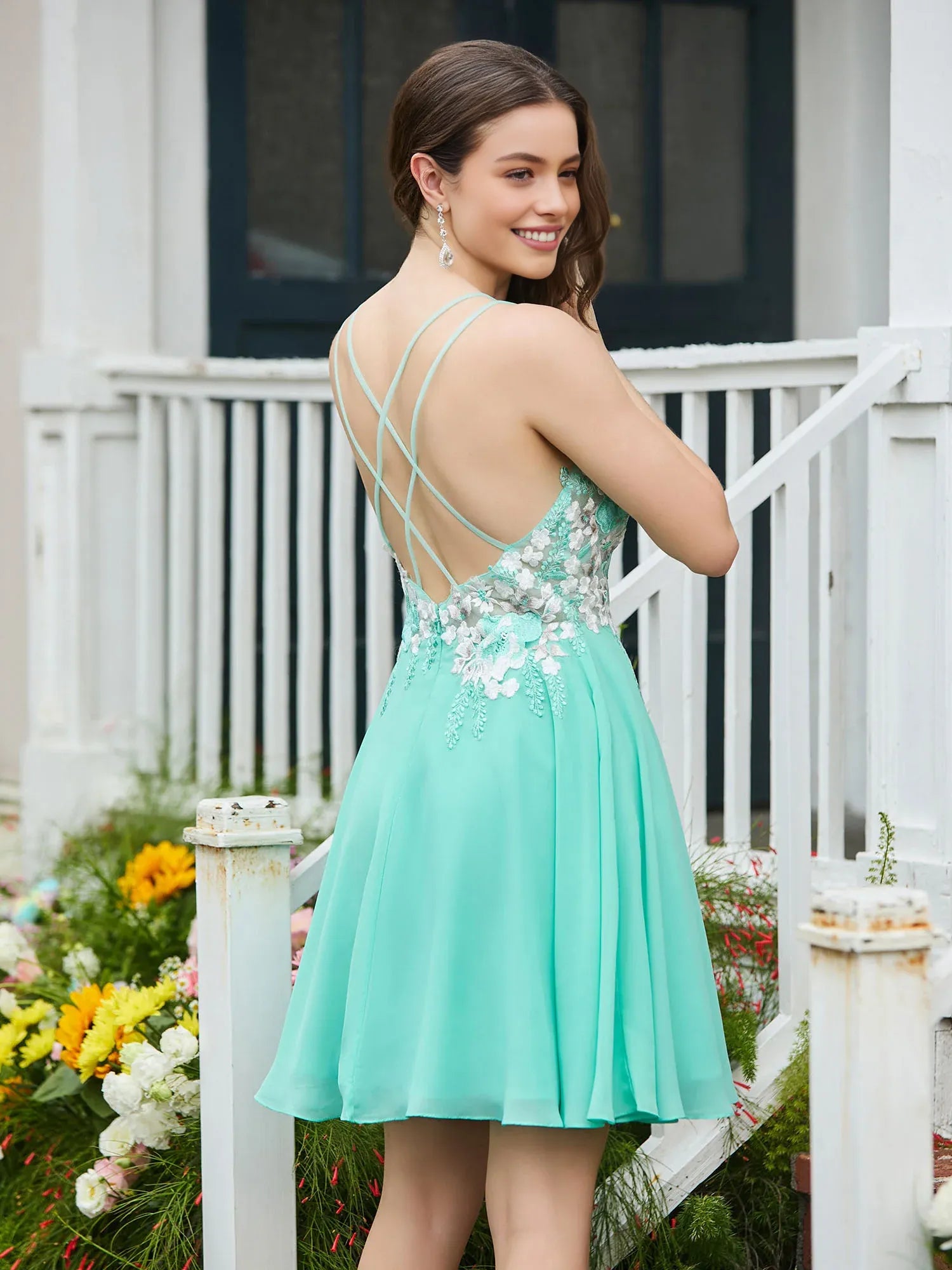 Floral Applique A-line V-neck Sleeveless Chiffon Mini Crisscross Open Back Homecoming Dress