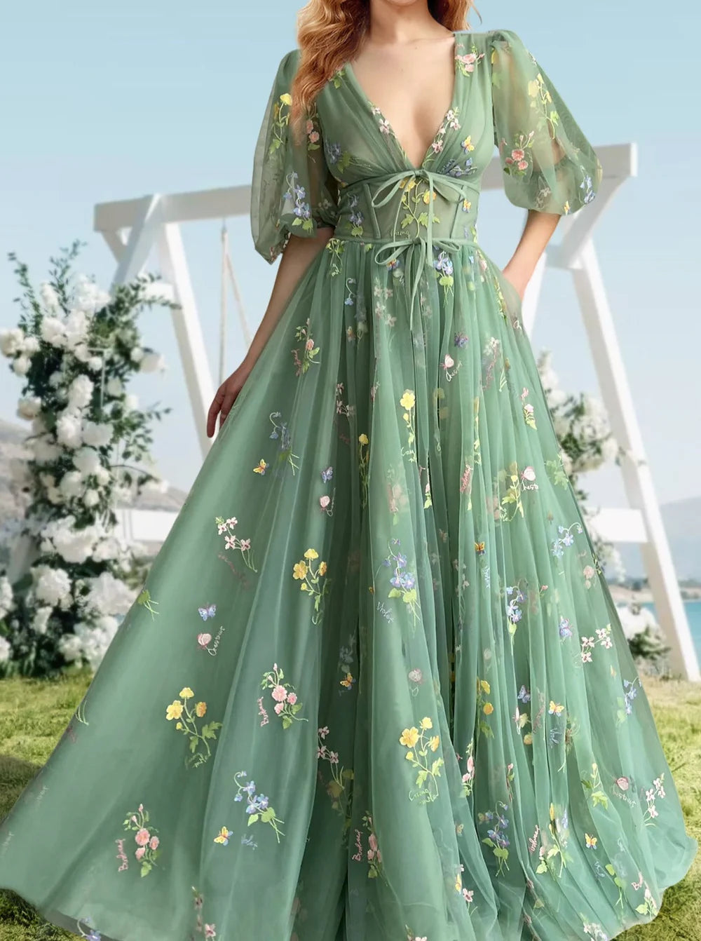 Vestido Largo de Fiesta Romántico de Tul Bordado Floral con Mangas Abullonadas y Cuello en V Línea A