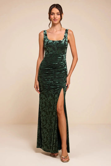 Floral sheath evening dress with square neckline and high side slit