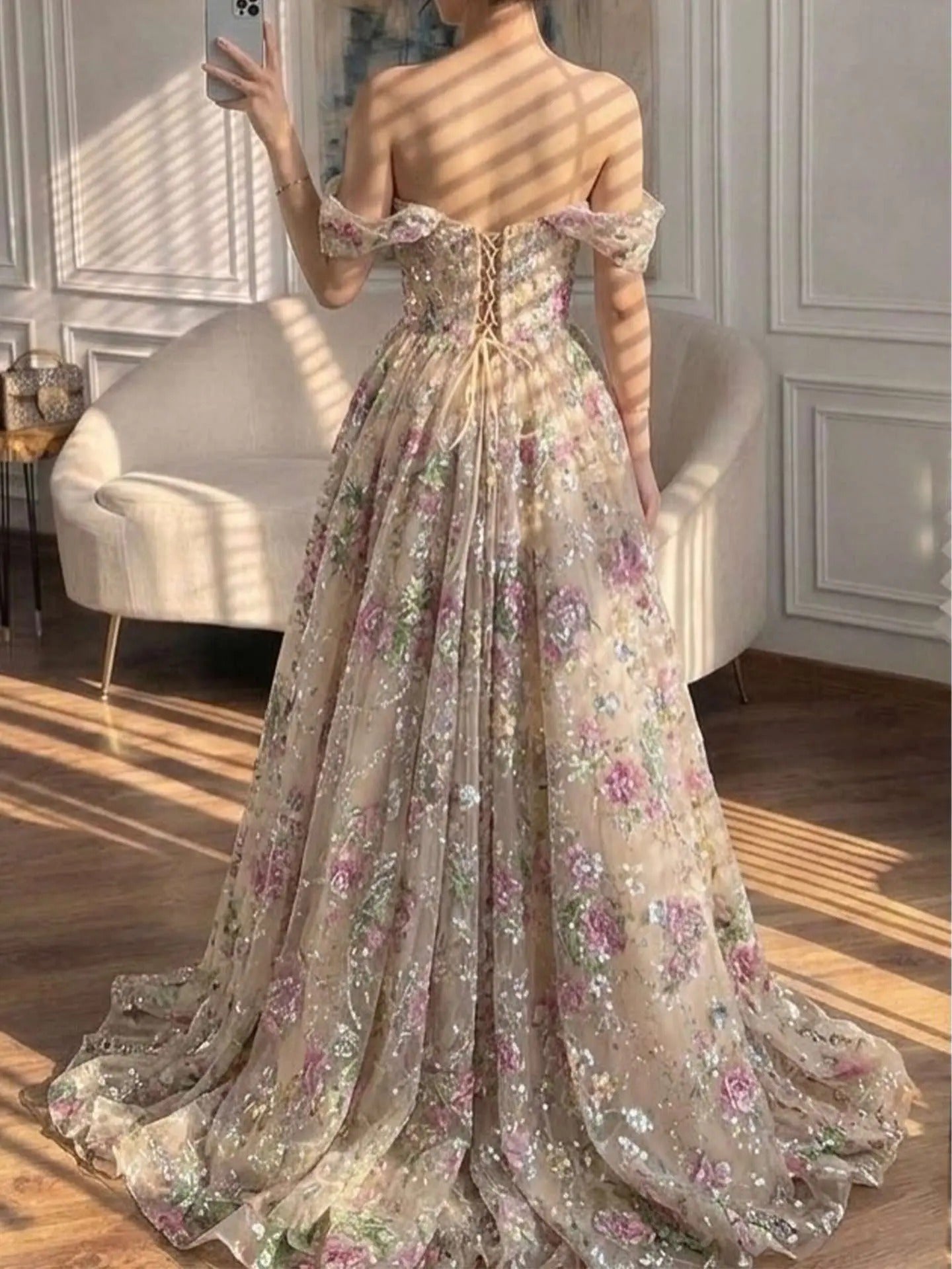 Romantic Floral A-Line Sweetheart Off-Shoulder Lace-Up Tulle Floor-Length Prom Dress