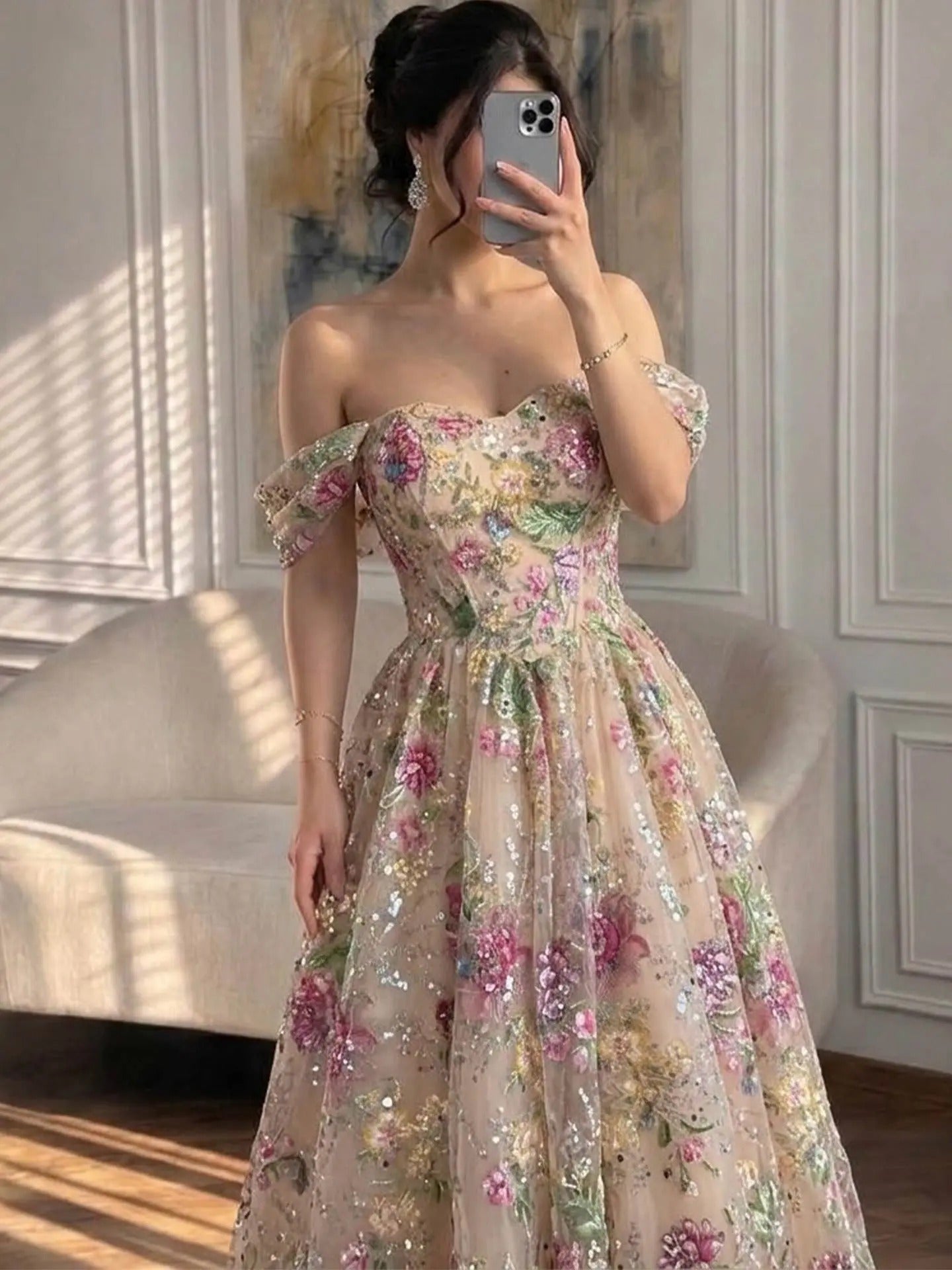 Romantic Floral A-Line Sweetheart Off-Shoulder Lace-Up Tulle Floor-Length Prom Dress