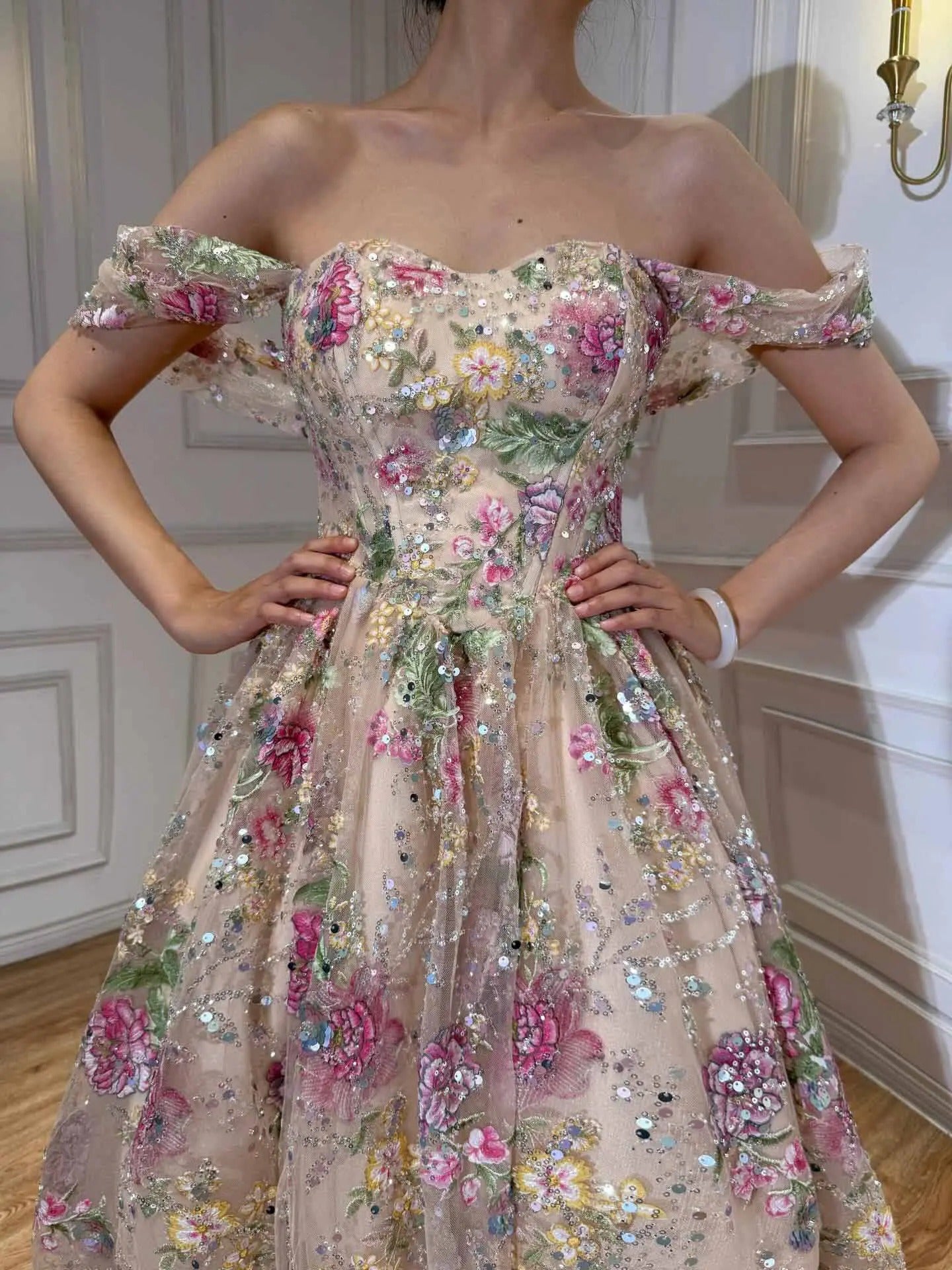 Romantic Floral A-Line Sweetheart Off-Shoulder Lace-Up Tulle Floor-Length Prom Dress
