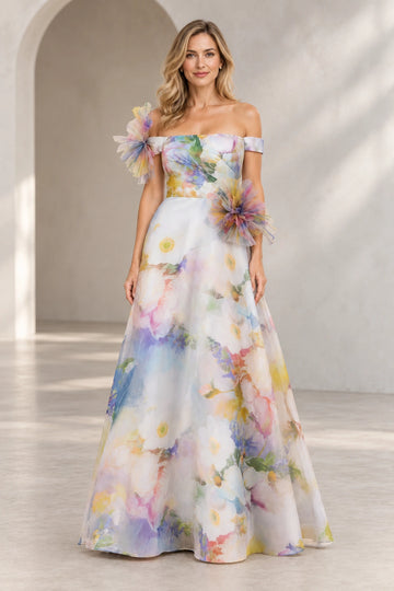 Vedress pastel floral A-line wedding guest dress with an off-shoulder neckline, pleated flower accents and floor-length skirt.