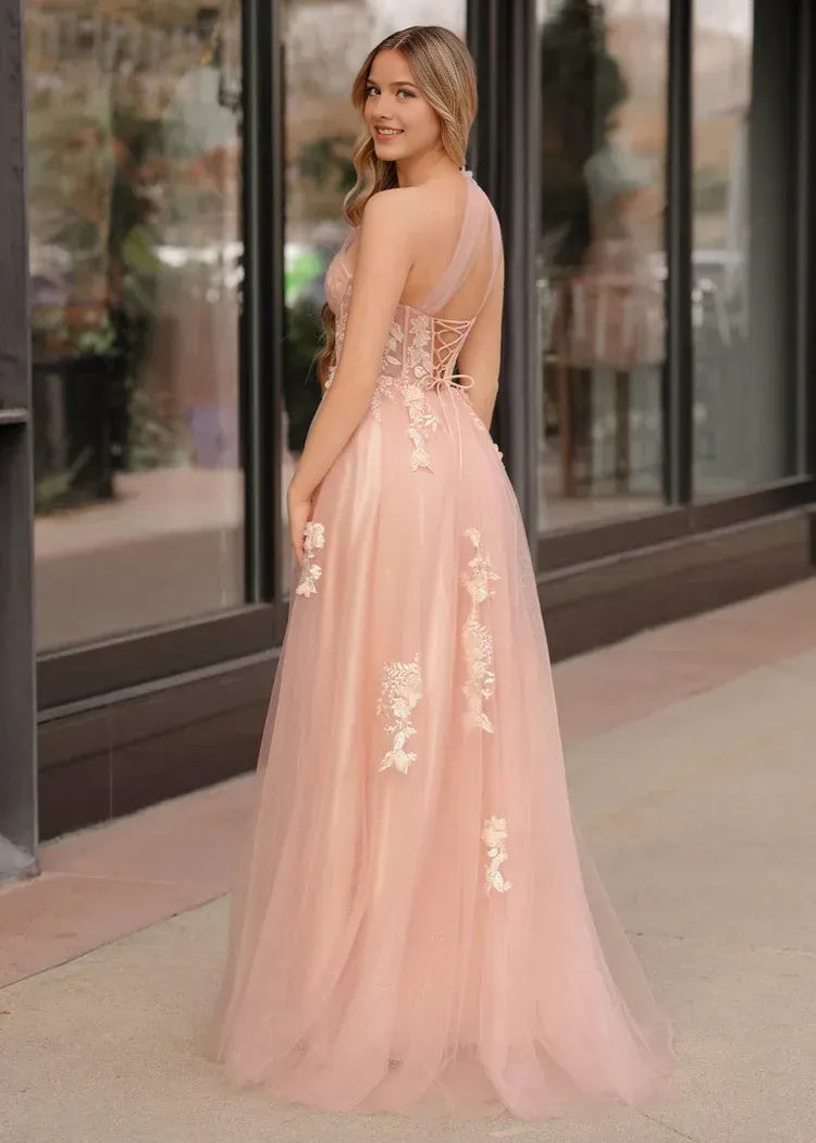 Vestido de Fiesta Romántico en Línea A con un Solo Hombro, sin Mangas, de Tul con Aplicaciones y Abertura Alta