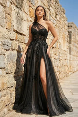 Romantic A-Line One Shoulder Sleeveless Tulle Applique Prom Dress With Hight Slit