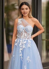 Romantic A-Line One Shoulder Sleeveless Tulle Applique Prom Dress With Hight Slit