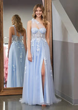 Romantic A-Line One Shoulder Sleeveless Tulle Applique Prom Dress With Hight Slit