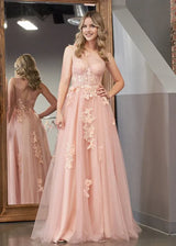 Romantic A-Line One Shoulder Sleeveless Tulle Applique Prom Dress With Hight Slit