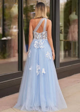 Romantic A-Line One Shoulder Sleeveless Tulle Applique Prom Dress With Hight Slit