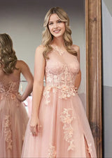 Romantic A-Line One Shoulder Sleeveless Tulle Applique Prom Dress With Hight Slit