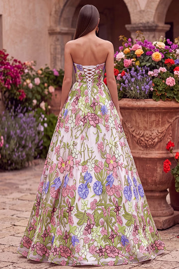 Vedress floral prom dress with an open upper back, crisscross corset lacing, and floor-length A-line skirt, back view.