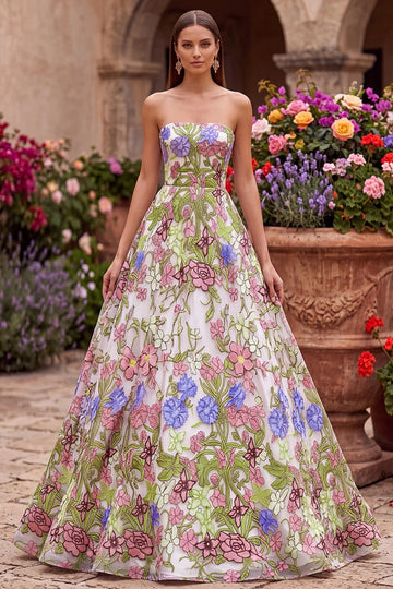Vedress floral A-line prom dress with a straight-across strapless neckline and floor-length skirt, front view.