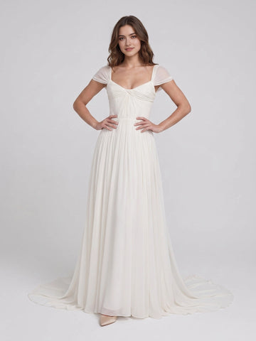 Vedress chiffon a‑line wedding dress, sweetheart twisted bodice, short puffed sleeve bridal gown