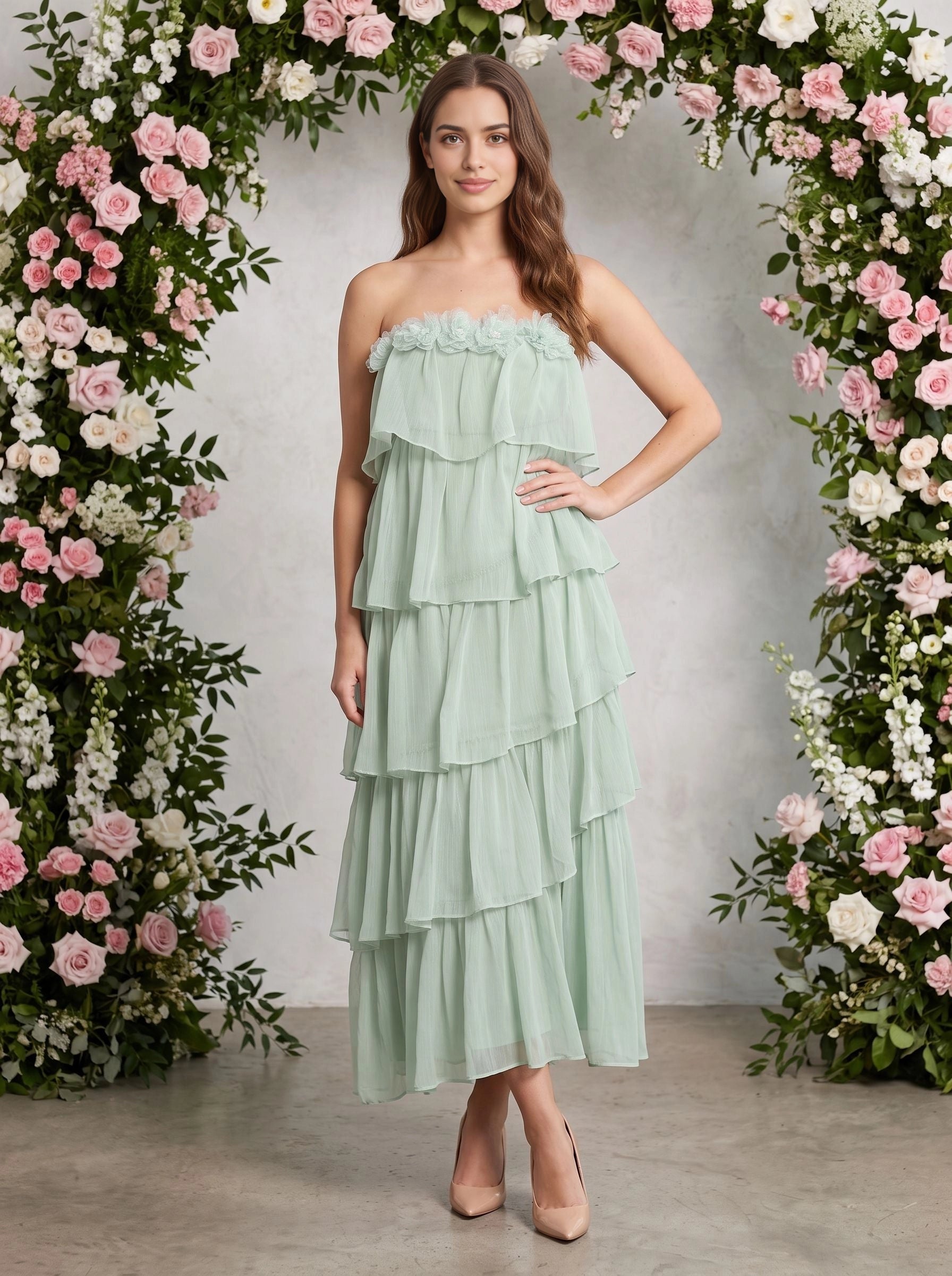 Sage green chiffon a‑line maxi wedding guest dress strapless layered tiered ruffle zipper back formal gown by Vedress