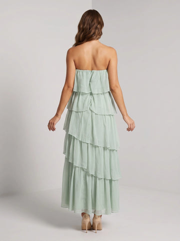 Sage green chiffon a‑line maxi wedding guest dress strapless layered tiered ruffle zipper back formal gown by Vedress