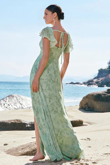 A-Line Square Neck Flutter Sleeve Tie Back Printed Floral Maxi Bridesmaid Dress