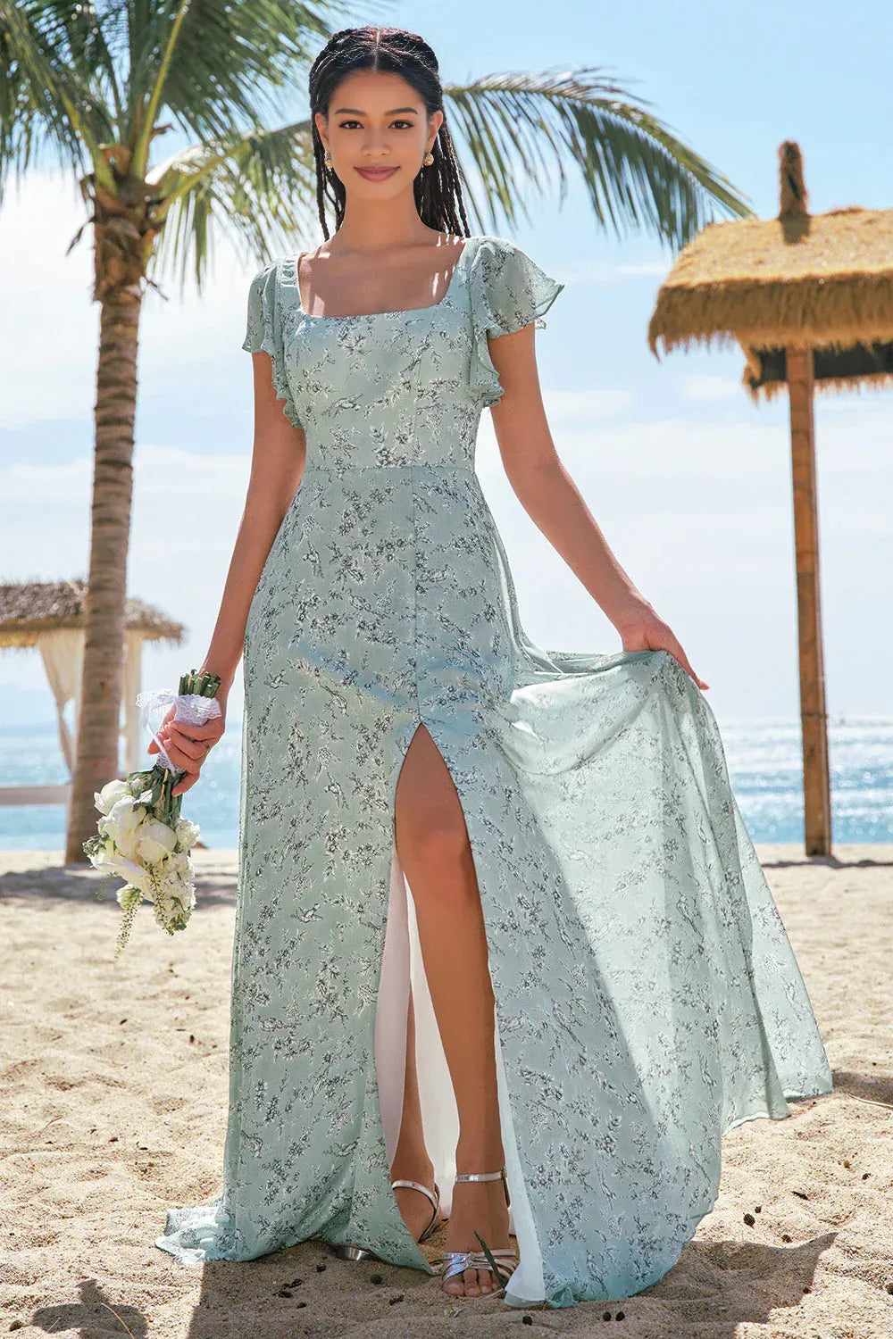 A-Line Square Neck Flutter Sleeve Tie Back Printed Floral Maxi Bridesmaid Dress