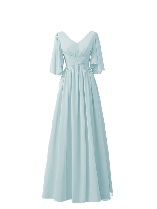 V-Neck Flutter Sleeve Ruched Waist Chiffon A-Line Bridesmaid Maxi Dress with Lace-Up Back