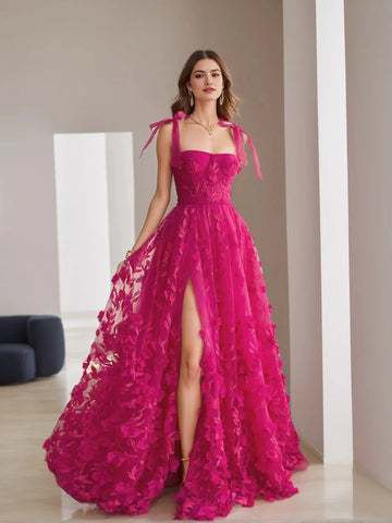 Fuchsia A-line prom dress with sweetheart neckline floral embroidery shoulder bows and high slit by Vedress