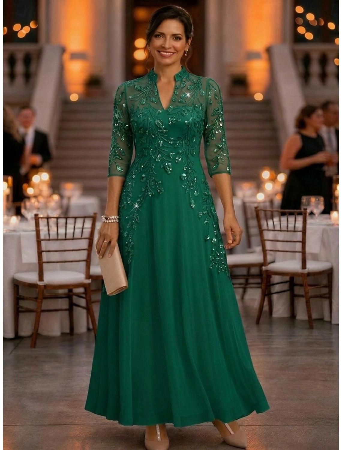 Champagne A-Line High Notch Neck Elbow Sleeve Illusion Back Floor-Length Mother Of The Bride Dress