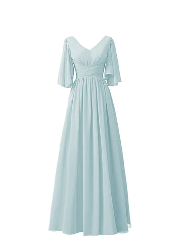 V-Neck Flutter Sleeve Ruched Waist Chiffon A-Line Bridesmaid Maxi Dress with Lace-Up Back