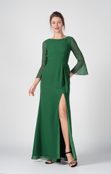 Elegant Sheath Boat Neck Bell Sleeve Open Back Floor-Length Bridesmaid Gown Formal Wedding Guest Dresses