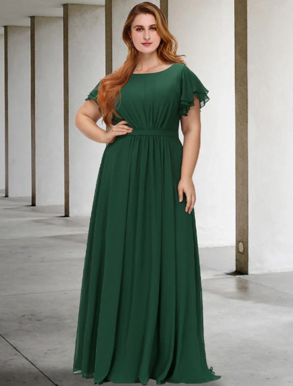 Vestido maxi de dama de honor de chifón con cuello en V, manga con volantes y fruncido, talla grande