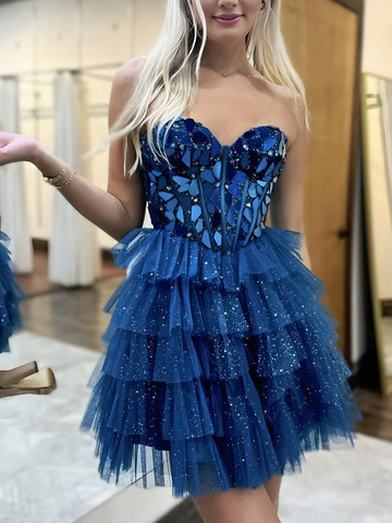 Glamorous A-Line Strapless Beaded Tulle Layered Short Homecoming Dress