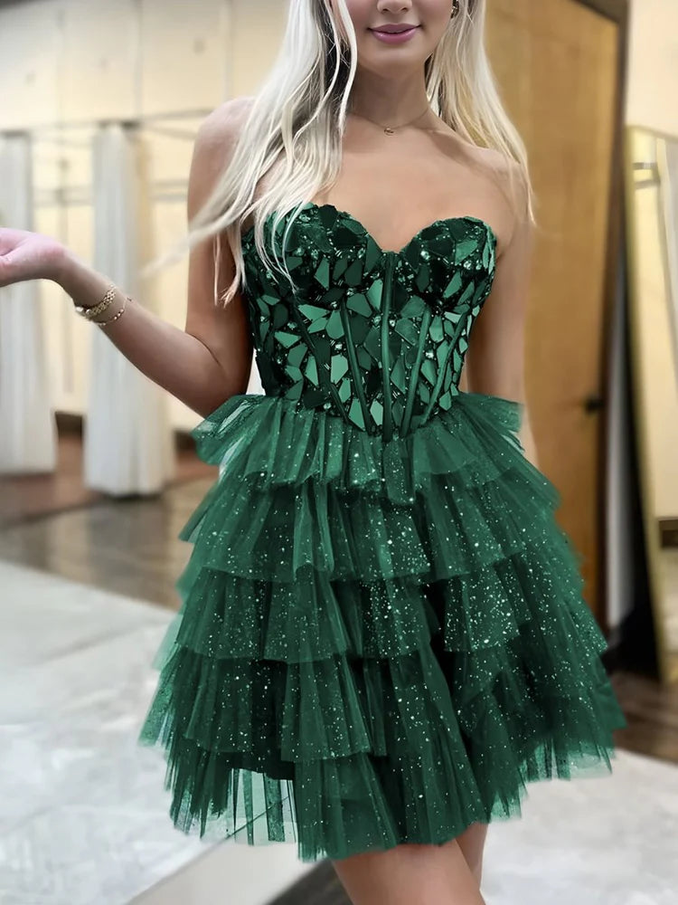 Glamorous A-Line Strapless Beaded Tulle Layered Short Homecoming Dress