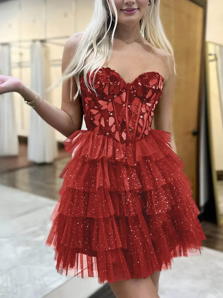 Glamorous A-Line Strapless Beaded Tulle Layered Short Homecoming Dress