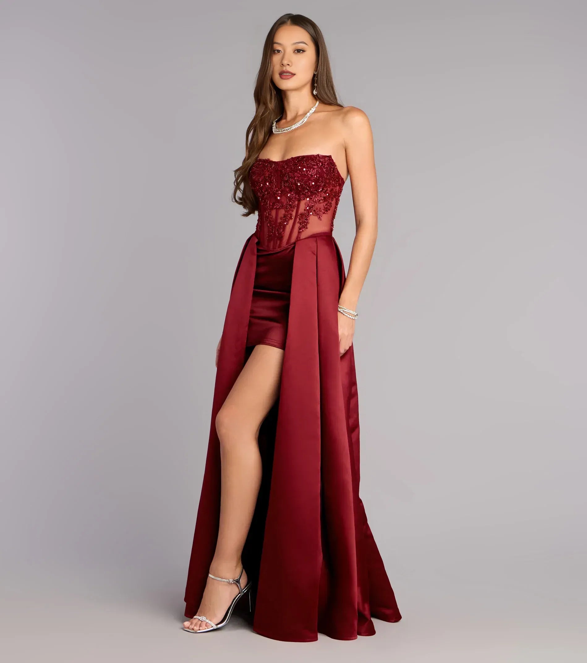 Glamorous Satin High Low A-Line Formal Dress Sleeveless Open Back Overlay Formal Evening Gown