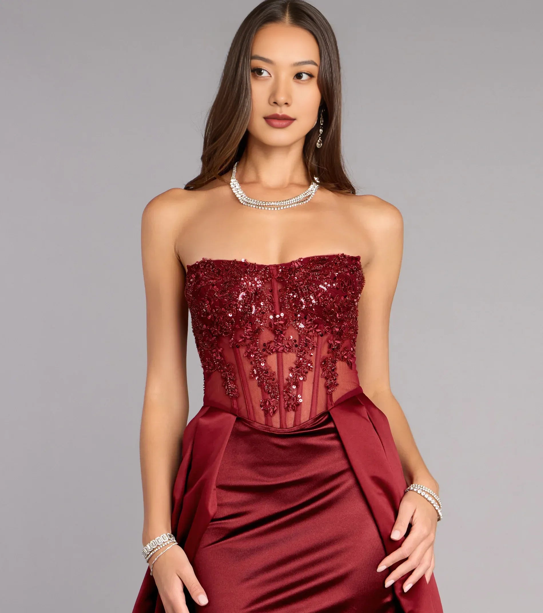 Glamorous Satin High Low A-Line Formal Dress Sleeveless Open Back Overlay Formal Evening Gown