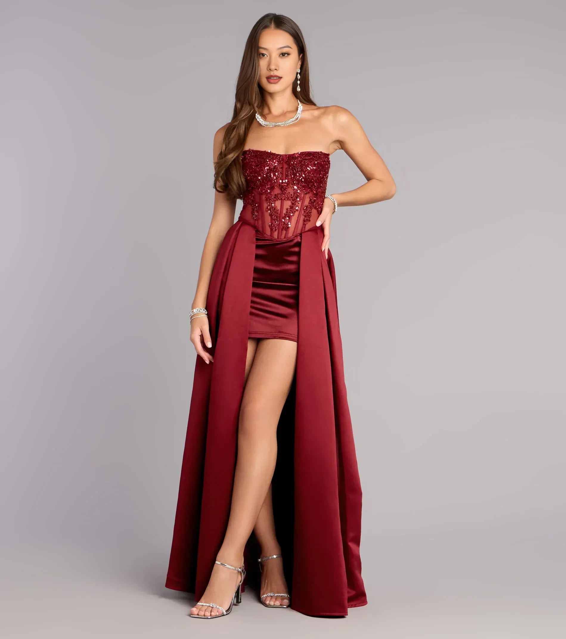 Glamorous Satin High Low A-Line Formal Dress Sleeveless Open Back Overlay Formal Evening Gown