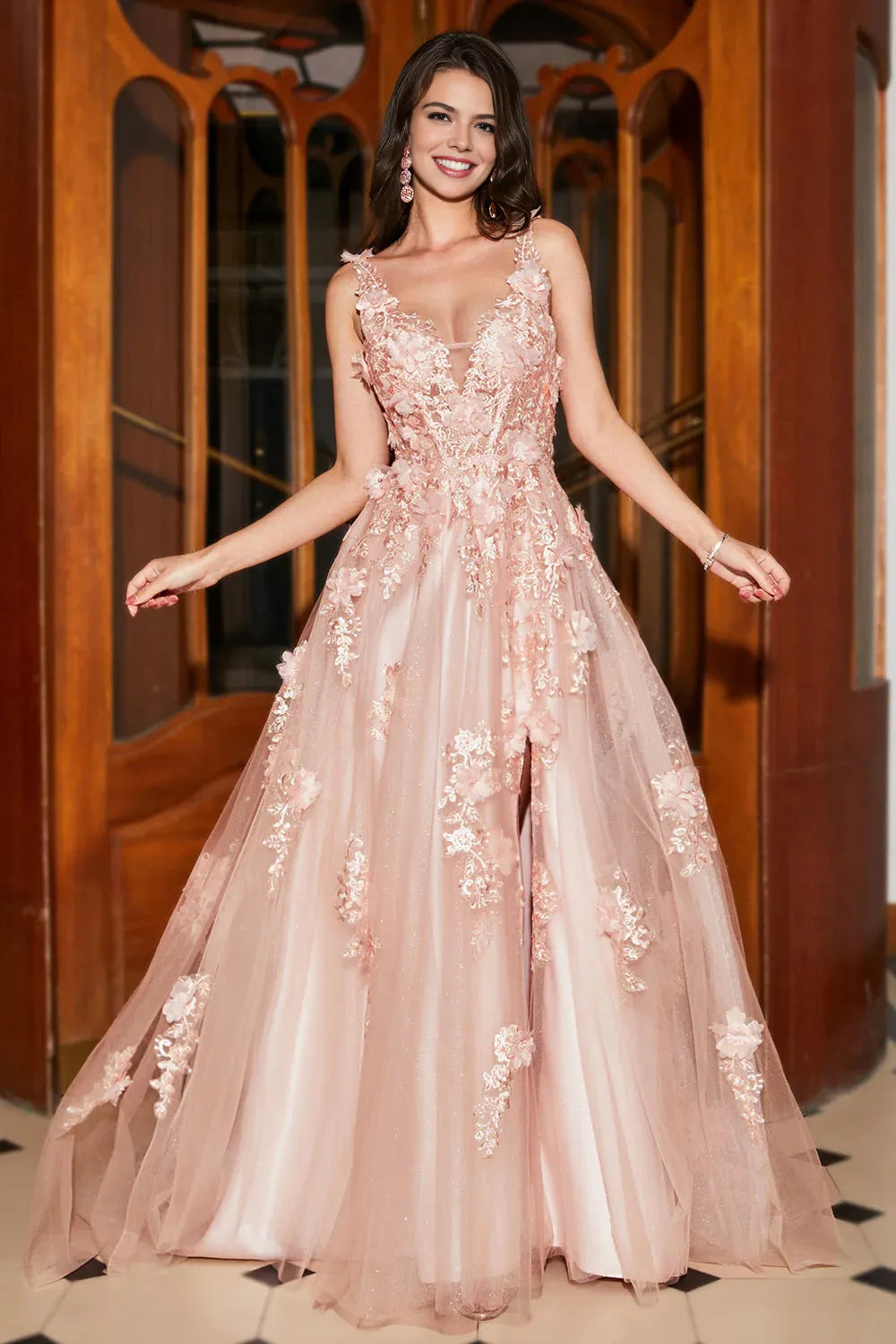 Glamorous Sparkly A-line Deep V-neck Sleeveless Tulle Maxi 3D-floral Lace-up Slit Evening Gown