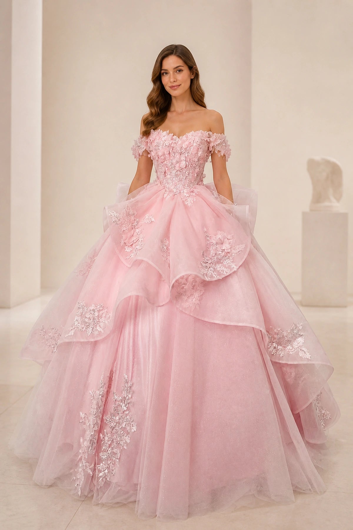 Vedress pink ball gown prom dress,off shoulder,3D floral appliques,layered tulle,sparkly long formal dress