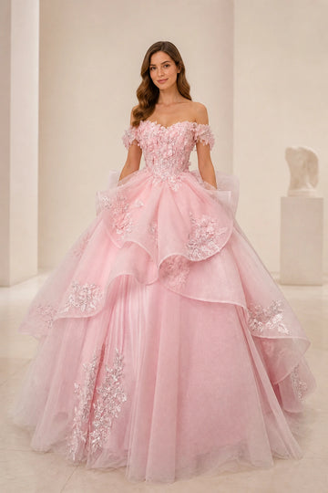 Vedress pink ball gown prom dress,off shoulder,3D floral appliques,layered tulle,sparkly long formal dress